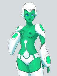 1girls aya_(green_lantern) blue_eyes boobs breasts dc dc_comics dcau female female_only grabbing_own_breast green_lantern:_the_animated_series green_lantern_(series) green_lipstick green_nipples green_skin grey_background medium_breasts nipples panties robot robot_girl simple_background solo solo_female tits topless white_panties