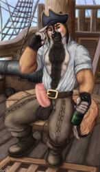 1boy alcohol anthro balls beverage bulge canid canine drinking erection foreskin genitals german gevual hi_res male male_only mammal muscular nude penis pirate reposlegend rum sailor shepherd ship sitting solo vehicle watercraft