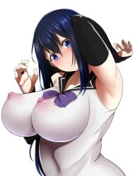 arm_up armpits bad_anatomy bangs bare_shoulders blue_eyes blue_hair blush breasts bridal_gauntlets closed_mouth commentary_request covered_nipples female gokukoku_no_brynhildr hair_between_eyes hand_up highres huge_breasts kuroha_neko light_frown long_hair looking_at_viewer nipples no_bra nose_blush shumichi sidelocks simple_background solo upper_body white_background