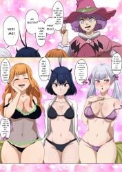 4girls big_breasts black_clover black_hair blush breast_grab breast_play dorothy_unsworth doujinshi english_text female female_only grabbing grabbing_from_behind green_eyes horns kissing medium_breasts mimosa_vermillion multiple_girls nipples noelle_silva nude nude_female orange_hair pleasure_face purple_eyes purple_hair red_eyes secre_swallowtail silver_hair small_breasts text the_amazing_gambit tongue_kiss