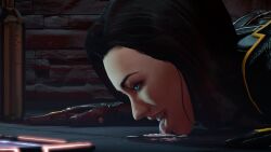 1girls 3d 3d_(artwork) after_sex all_fours black_hair blue_eyes cum cum_on_floor female female_only head_down_ass_up humiliation licking_cum licking_cum_from_floor licking_floor mass_effect miranda_lawson solo thick_lips tongue tongue_out zizzero