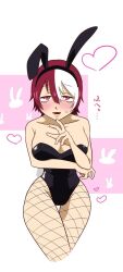 arm_under_breasts bags_under_eyes big_breasts blush bunny_ears bunnysuit cleavage embarrassed enbi_swallow female female_only fishnets half-closed_eyes looking_at_viewer made_in_abyss nervous playboy_bunny red_eyes red_hair short_hair shy solo sweatdrop thigh_gap two_tone_hair vueko white_highlights wide_hips