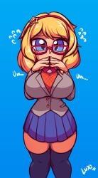 artist_signature big_breasts blonde_hair blue_background blue_eyes cosplay doki_doki_literature_club glasses headband kneehighs luxidoro oc original original_character school_uniform short_hair shy