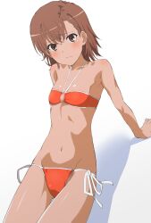 1girls 2020s 2022 absurd_res ahoge armpits bare_shoulders bikini blush brown_eyes brown_hair brunette collarbone female flat_chest hi_res looking_at_viewer lying matching_hair/eyes misaka_mikoto navel orange_bikini shiny shiny_hair shiny_skin short_hair shou937 side-tie_bikini_bottom skindentation solo swimsuit teenage_girl teenager to_aru_kagaku_no_railgun to_aru_majutsu_no_index white_background young