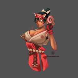 2d artist_logo artist_name big_breasts donut face_markings fox_ears fox_girl fox_mask foxgirl gloves gray_background green_hair holding_breast kimono kiriko_(overwatch) overwatch overwatch_2 perky_breasts ponytail spacemonkeyart suprised