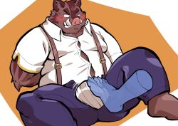 2022 anthro belly big_belly blush bottomwear brown_body bulge clothing duo hermann_(knights_college) hi_res knights_college male male_only mammal overweight overweight_male pandarita pants solo_focus suid suina sus_(pig) suspenders underwear video_games visual_novel wild_boar