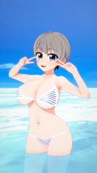 bakura's_place beach bikini blue_eyes bob_cut breasts cloud cloudy_sky day dutch_angle female food food_in_mouth front-tie_bikini front-tie_top grey_hair hood hoodie horizon huge_breasts koikatsu looking_away navel ocean open_clothes popsicle side-tie_bikini sky sleeves_pushed_up solo standing striped striped_bikini sunlight swimsuit thighs uzaki-chan_wa_asobitai! uzaki_hana white_hoodie