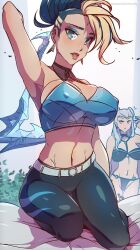 2girls akali armpits arms_up big_breasts blush evelynn female female_only himmely k/da_all_out_akali k/da_all_out_evelynn k/da_all_out_series k/da_series kneeling league_of_legends light-skinned_female light_skin multiple_girls nipple_bulge succubus