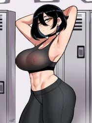 1girl abs ai_generated armpits black_hair female from_side hands_behind_head locker_room looking_at_viewer mature_female midriff milf nipples_visible_through_clothing orange_eyes short_hair solo sports_bra sportswear transparent_clothing yoga_pants zorkpics
