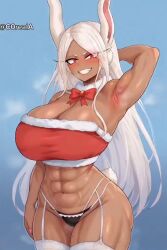 ai_generated ass big_ass big_breasts breasts breasts_out christmas corela embarrassed holidays mirko miruko my_hero_academia rabbit rabbit_ears rabbit_girl rumi_usagiyama simple_background text thick_ass thick_thighs thighhighs thighs usagiyama_rumi white_hair