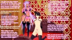 armpit_hair arms_behind_back armwear bb_(fate) bb_(swimsuit_mooncancer) before_sex blush bondage bondage_gear chastity_cage consensual cum cum_drip dialogue fate/grand_order fate_(series) femdom fujimaru_ritsuka_(male) futadom futanari gudao koikatsu musk smell submissive_male tattoo tied_hands tramp_stamp