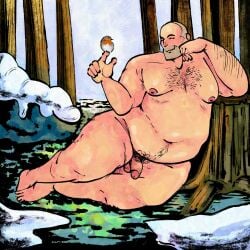 bald barefoot big_belly big_thighs dilf fat_man gremlinshoard happy_trail heavy_(team_fortress_2) heavy_weapons_guy outdoor_nudity pinup pubes snow soft_penis solo_male team_fortress_2 tf2