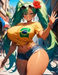 ai_generated big_breasts blue_eyes bracelet bratty brazilian brazilian_miku breasts breasts_bigger_than_head childhood_friend covered_nipples curves curvy curvy_body curvy_female curvy_figure curvy_hips cyan_eyes green_eyes green_hair hatsune_miku highleg_panties huge_breasts jean_shorts looking_at_viewer massive_ass minishorts navel original perfect_body short_shorts short_sleeves shorts slim_waist smile smiling_at_viewer smug starlightnex summer sunglasses sweat tan_body tan_skin thick_ass thick_hips thick_legs thick_thighs twintails very_long_hair waving wide_hips