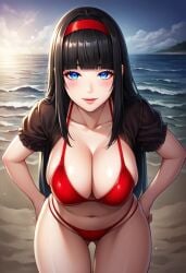 beach bikini black_hair blue_eyes breasts female female_only large_breasts looking_back n2 nier nier:_automata red_bikini