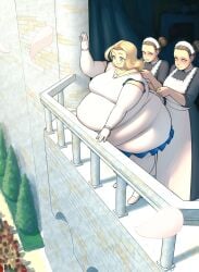 3girls belt better_with_salt blonde_female blonde_hair blue_eyes castle corset_dress fat fat_ass flushed flushed_face flustered large_belly large_breasts larger_female looking_at_another maid maid_dress maid_headdress maid_outfit maids maniacalfork morbidly_obese morbidly_obese_female obese obese_female overweight overweight_female princess priscilla_(maniacalfork) royal royalty sweat sweatdrop waving