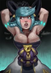 1girls armpit_crease armpit_fetish armpit_stubble armpits big_breasts blue_hair blush boaranon bow breast_squish dress fully_clothed gwen_(league_of_legends) heterochromia league_of_legends self_upload solo solo_focus sweat sweaty sweaty_armpits