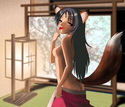 animal_ears animal_humanoid breasts canine female finger_lick fox fox_girl fox_humanoid fur furry_ears furry_tail looking_at_viewer looking_over_shoulder oka_takeshi red_eyes solo standing tail tatami toony topless undressing