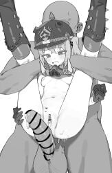 1boy absurdres after_vaginal anger_vein bald bar_censor blush breasts breasts_apart censored changmi clenched_hand clenched_teeth combat_helmet crossed_bangs cum cumdrip erection faceless faceless_male female full_nelson gloves greyscale half_gloves hand_on_own_thigh heart helmet highres interracial kneehighs large_variant_set looking_down luciana_de_montefio mask mask_around_neck monochrome navel nipples nude penis pickelhaube pussy rape respirator reverse_suspended_congress side_ponytail simple_background small_breasts socks star_(symbol) star_in_eye stomach straight sweat symbol_in_eye tears teeth testicles variant_set white_background zenless_zone_zero