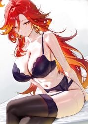 ai_generated bra breasts crossed_legs curvy curvy_figure genshin_impact large_breasts lingerie mature_female mavuika_(genshin_impact) milf pale-skinned_female pale_skin panties red_eyes red_hair sweat thighhighs thighs