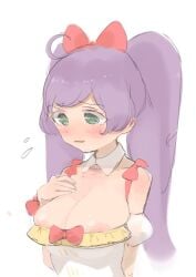 2025 areola_slip areolae areolae_peeking blush female hair_ribbon huge_breasts looking_down open_mouth purple_hair small_dress sweat sweatdrop