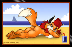 2001 anthro antti_remes beach black_eyes breasts female fur furry hair long_hair looking_over_shoulder ocean on_front orange raised_tail red_hair sea seaside sirah sunbathing tail toony year