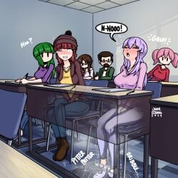 1girls 5girls blush breasts brown_hair classroom clenched_teeth glasses green_hair hand_between_legs harlyn_(jailor_eckman) have_to_pee jailor_eckman jeans legs_crossed one_eye_closed open_mouth original original_character peeing peeing_self pink_hair purple_hair sitting teardrop tears text text_bubble tongue twintails wetting wetting_clothing wetting_self