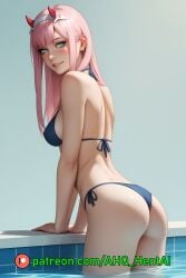 1girls ahq_hentai ai_generated bikini blue_eyes blush darling_in_the_franxx horns medium_breasts patreon perfect_body pink_hair poolside smile stable_diffusion standing zero_two_(darling_in_the_franxx)