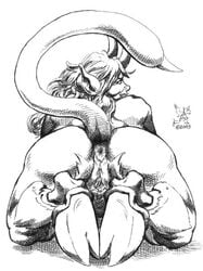 1girls 2003 anus ass back big_butt chubby demon drawn female from_behind hooves horns looking_back monochrome nude portia presenting pussy raised_tail sawblade_(artist) solo spread_legs spreading tail unknown_species wide_hips