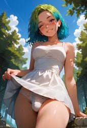 1futa ai_generated bare_shoulders blue_eyes blush collarbone dress dress_lift from_below futa_only futanari jamesbron medium_breasts panties penis_bulge smile solo solo_futa summer sunny teeth thighs tree two_tone_hair white_dress white_panties wink