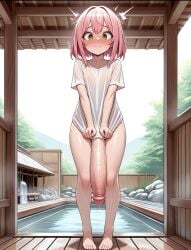 ai_generated bathhouse blush flaccid futa_only futanari green_eyes huge_cock petite pink_hair shirt short_hair slim small_breasts tight_clothing wet zynai