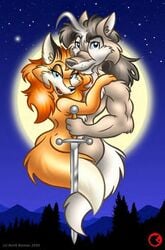 2002 anthro antti_remes biceps black_hair canine female female_fox fox fur furry furry_only grey hair hug hugging long_hair looking_at_viewer muscle muscles no_humans orange_body orange_fur orange_hair romantic sirah standing sword tail weapon wolf year