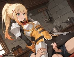 1boy ai_generated armor armored_dress beautfiul_background blonde_hair bodysuit braid breasts darkness_(konosuba) dirty giggling gloves green_eyes hair_ornament kitchen long_hair ponytail pussy reverse_cowgirl_sex_position shoulder_armor small_breasts stunning_backgroud sweat x_hair_ornament