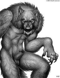 2009 5_fingers abs animal_genitalia anthro anthro_only balls biceps big_claws biped canine claws fangs front_view fully_sheathed furry greyscale kyoht_luterman looking_at_viewer male male_only mammal monochrome muscular muscular_male navel no_humans nude pecs pencil_(artwork) portrait sheath signature simple_background snarling snout solo teeth three-quarter_portrait traditional_media_(artwork) were werewolf white_background