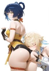 2girls ai_generated ass ass_focus ass_grab blonde_hair blue_hair genshin_impact lumine_(genshin_impact) smile thick_thighs thigh_strap thighs xiangling_(genshin_impact) yellow_eyes yuri