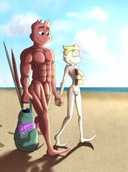 abs absurd_res anthro bag beach beach_background beach_bag biceps big_penis book bree_(dracul_la) chest_tuft cloud detailed detailed_background dr._seuss dracul_la duo duo_focus exhibitionism female femboy flaccid footprint forearms foreskin fur genitals green_eggs_and_ham green_eggs_and_ham_(animated_series) group hand_holding happy hi_res humanoid lights male male/female male/male muscular muscular_anthro muscular_male not_furry nude nude_male outside pecs penis public public_exposure public_nudity red_body red_fur sand size_difference skinny small_penis smile sunny tuft umbrella walking walking_together water white_body white_fur who_(species) zeke_(dracul_la)