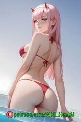 1girls ahq_hentai ai_generated bikini blue_eyes blush darling_in_the_franxx horns medium_breasts patreon perfect_body pink_hair poolside smile stable_diffusion standing zero_two_(darling_in_the_franxx)