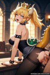 1boy 1girls ai_generated anal ariavisions blonde_hair blue_eyes bowsette crown cum_in_pussy female male moaning standing_doggy_style