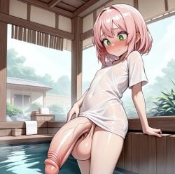 ai_generated bathhouse big_balls blush flaccid futa_only futanari green_eyes huge_cock petite pink_hair shirt short_hair slim small_breasts tight_clothing wet zynai