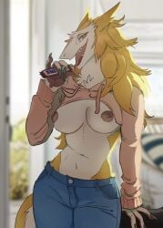 2019 alexis_(alekronov) anthro areola big_breasts biped blonde_hair blue_bottomwear blue_clothing blurred_background bottomwear breasts candy candy_bar chest_tuft chocolate chocolate_bar clothed clothing day denim denim_bottomwear denim_clothing dessert detailed_background digital_media_(artwork) eating exposed_breasts eyelashes female food forked_tongue front_view fur green_eyes hi_res holding_object hoodie ineffective_clothing inside jeans licking lingrimm long_hair looking_at_viewer mammal mars_incorporated meme meme_clothing midriff multicolored_body multicolored_fur navel nipples open_mouth open_smile pants pink_clothing pink_topwear portrait sergal shaded sharp_teeth small_waist smile snickers solo standing tail teeth three-quarter_portrait tongue tongue_out topwear tuft two_tone_body two_tone_fur white_body white_fur yellow_body yellow_fur