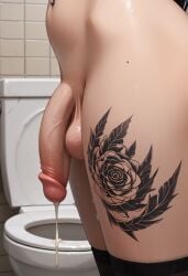 1futa ai_generated balls cum cumdrip flaccid from_side futa_only futanari goth goth_futa jamesbron large_penis legwear no_panties penis restroom restroom_stall solo solo_futa stockings stomach taker_pov tattoo tattoo_on_legs thighs toilet