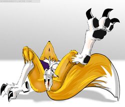 anthro ass big_claws big_paws black_pawpads breasts canine claws claws_out digimon drool endenden female fox fur furry gloves masturbation on_back paws pussy renamon saliva solo tail yellow