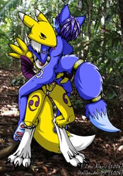 anthro ass ass_grab blue blue_hair breasts canine claws collaboration digimon female fingering forest fox fur furry hair hellbenderdx krystal licking masturbation outside penetration pussy renamon riding s0lar1x short_hair spreading star_fox tail tongue tree video_games yellow yuri