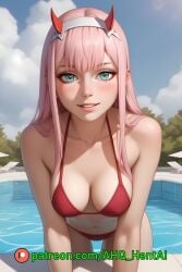 1girls ahq_hentai ai_generated bikini blue_eyes blush darling_in_the_franxx horns medium_breasts patreon perfect_body pink_hair poolside smile stable_diffusion standing zero_two_(darling_in_the_franxx)