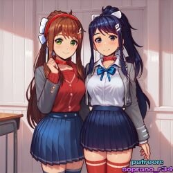 2024 2025 2girls ai_generated begging big_thighs black_eyes brown_hair choker green_eyes horny long_hair mita_(miside) monika_(doki_doki_literature_club) obedience school_uniform seductive skirt smile soprano_r34 stockings young_girl