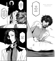 2boys anus bound bungo_stray_dogs coat comic constricted_pupils cuts dazai_osamu english_text greyscale hospital implied_yaoi injury male male/male male_only monochrome mori_ougai multiple_boys necktie nipples nude nude_male oxygen_mask penis restrained scar scared shaded_face shirt short_hair speech_bubble testicles text thebloodysadist trembling uncensored