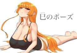 breasts_on_floor huge_breasts humanized japanese_text kaori_(splatoon) laying_on_stomach long_hair looking_at_viewer massive_breasts nobunagapero orange_hair splatoon text