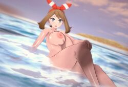 1girls beach breasts koikatsu may_(pokemon) nude nude_female pokemon river_rock solo