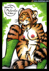 2002 anthro boots breasts brown_hair clubstripes daria_mcgrain feline female footwear fur furry green_eyes hair looking_at_viewer mammal orange pussy short_hair sitting solo tail tiger whiskers