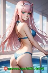 1girls ahq_hentai ai_generated bikini blue_eyes blush darling_in_the_franxx horns medium_breasts patreon perfect_body pink_hair poolside smile stable_diffusion standing zero_two_(darling_in_the_franxx)