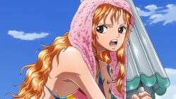 10s 2012 animated arm_tattoo breasts brown_eyes female female_focus large_breasts long_hair nami_(one_piece) one_piece one_piece_special:_glorious_island open_mouth orange_hair solo sound tagme tattoo towel towel_on_head video wet wet_hair